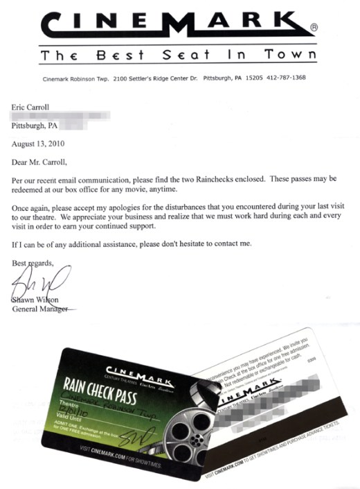 Cinemark Letter & Rain Check Passes