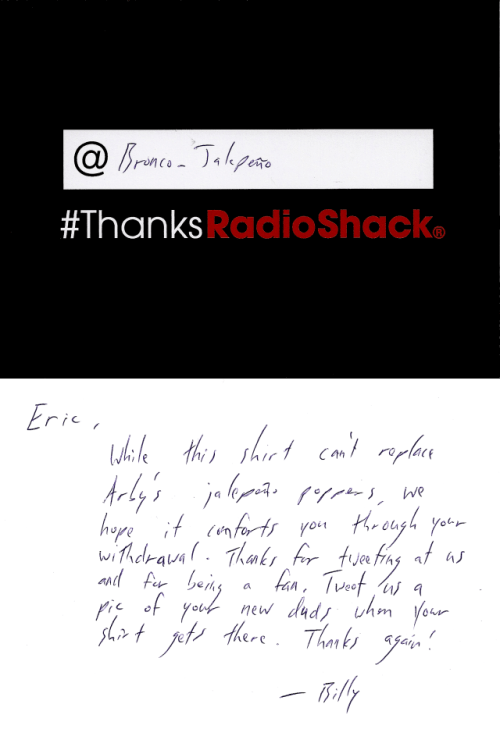 Eric, While this shirt can't replace Arby's jalapeño poppers, we hope it comforts you through your withdrawal. Thanks for tweeting at us and for being a fan. Tweet us a pic of your new duds when your shirt gets there. Thanks again! - Billy