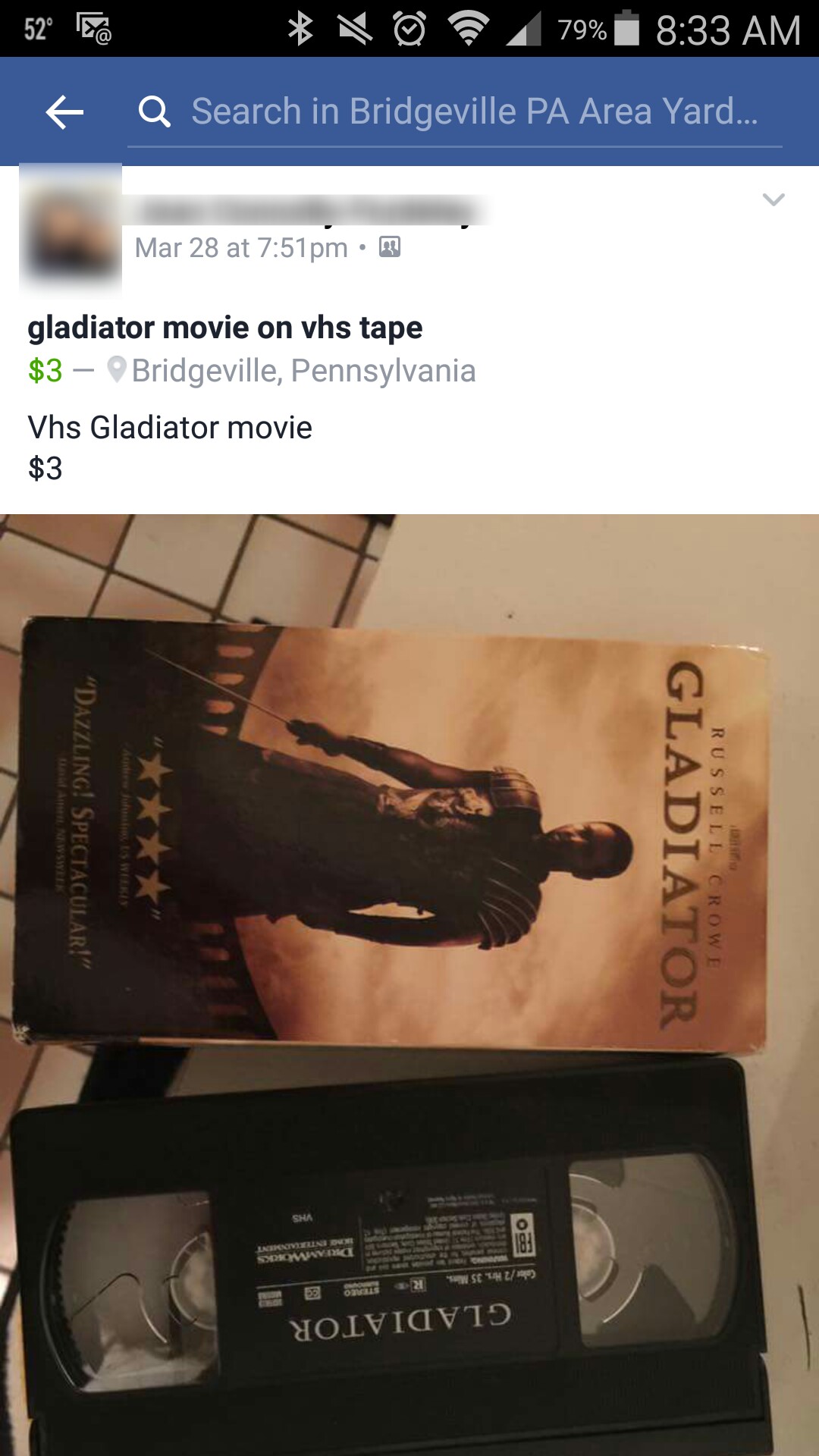 Gladiator on VHS for sale. Only $3.00 American!