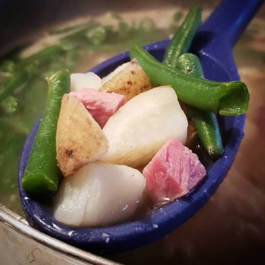 Ham, Green Bean, & Potato Soup on a Spoon