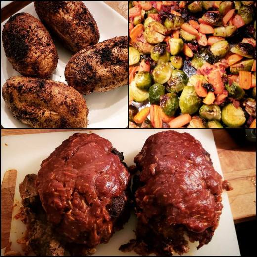 Meatloaf, Baked Potatoes, Brussels Sprouts, Carrots