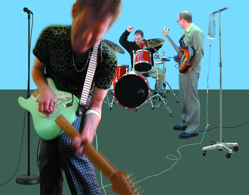 Back cover for the Dewey Decibel album Unnecessarily Beautiful | Original FlipOut prototype of a modified Fernandes Strat copy pictured!