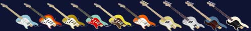 Line of FlipOut guitars & BottomOut basses from the Dewey Decibel website.
