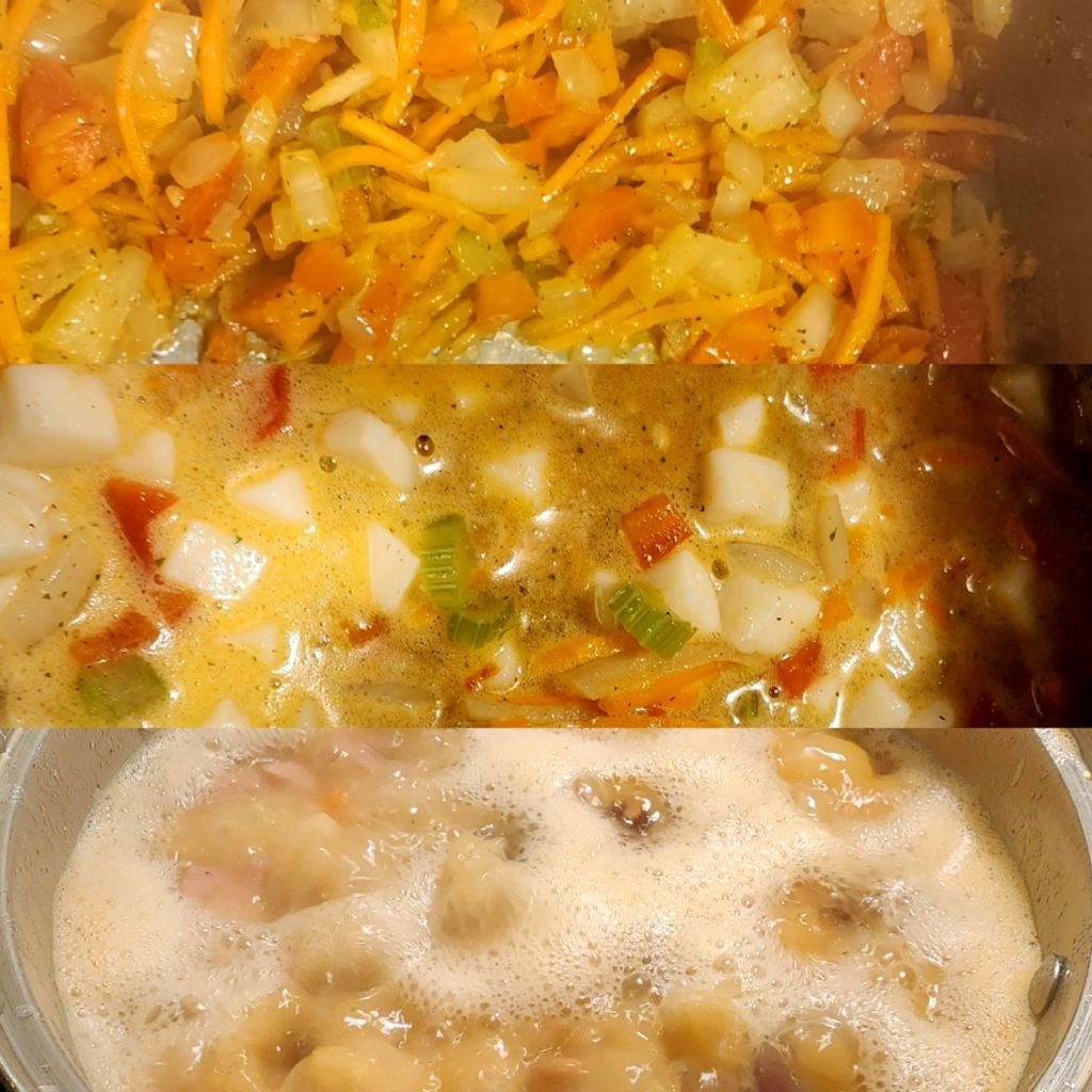 Sauteeing the veggies, adding potatoes, then beer.