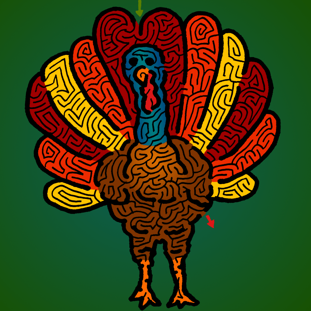 2023 Turkey Maze - Colorful turkey on a green square background.