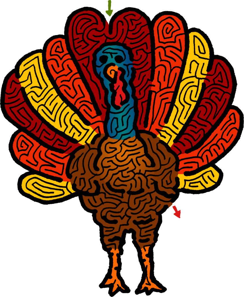 Colorful turkey maze on a transparent background.