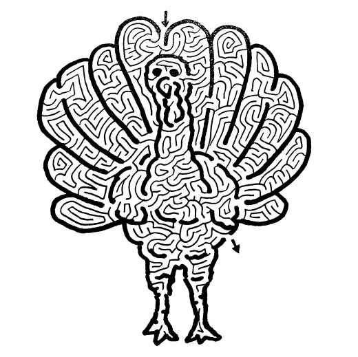 A maze illustrated in the shape of a turkey, featuring intricate labyrinth patterns throughout its body and feathers.