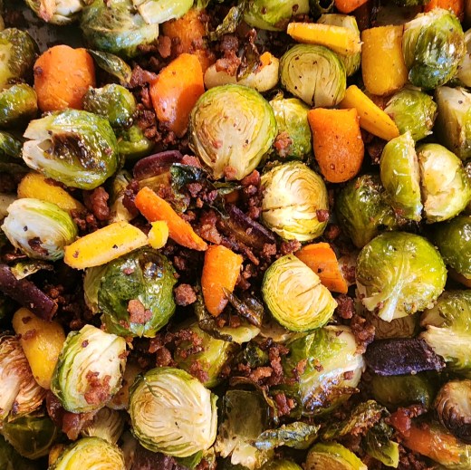 Roasted Brussels Sprouts with Rainbow Carrots & Bacon pieces.