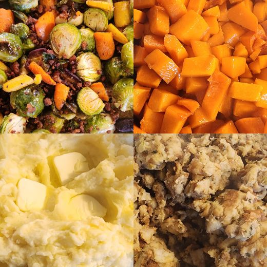 Thanksgiving Sides!  Brussels Sprouts & Rainbow Carrots, Butternut Squash, Mashed Yukon Gold Potatoes, & Stuffing!