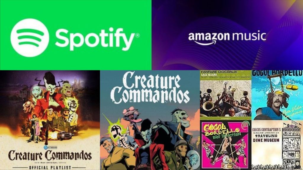 Thumbnails from various Creature Commandos playlists, and the Spotify & Amazon Music logos.