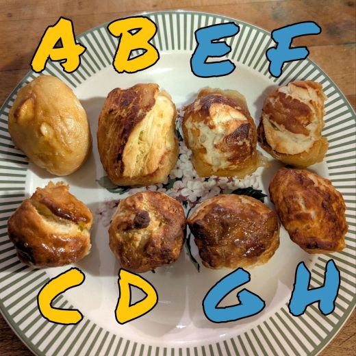 8 pretzel bites on a plate, labeled A through H.