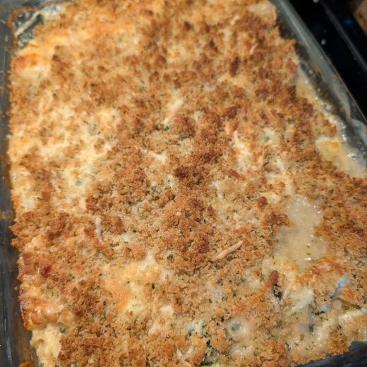 Zucchini Ditalini Chickpea Chikini - the top of a casserole dish just out of the oven, with a nice brown crispy breadcrumb topping over gooey melted cheese.