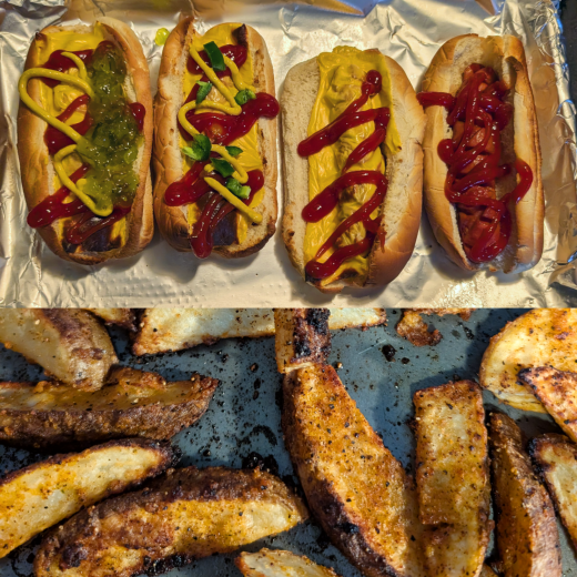 Lager-Simmered Air Fried Criss-Cross Cut Hot Dogs & Crispy Potato Wedges!