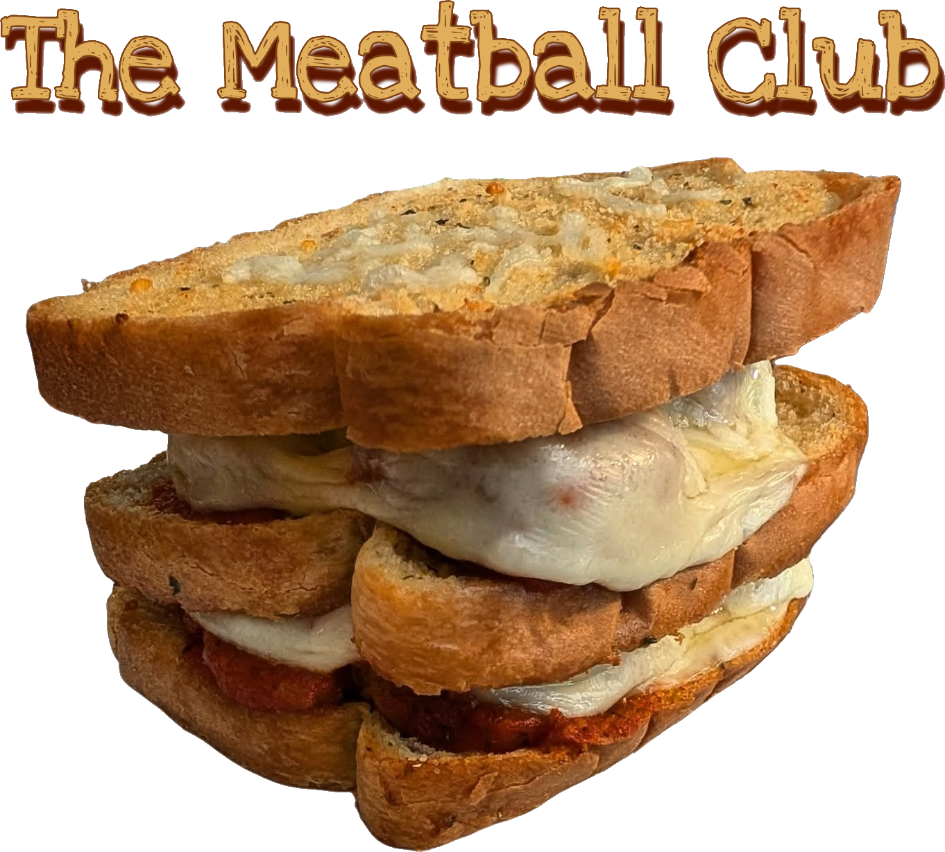 A close-up of 'The Meatball Club' sandwich, featuring three layers of toasted garlic bread with melted mozzarella cheese on top. Between the bread layers are sliced meatballs in marinara sauce, with more melted mozzarella visibly oozing out. The sandwich is stacked high, and the background is solid transparent.
