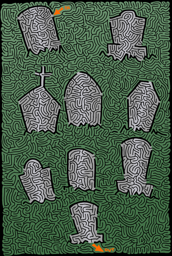 A Halloween-themed maze featuring gravestones, with clear markers indicating the entrance and exit.