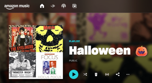 Screenshot of a Halloween playlist on Amazon Music, featuring album covers and the playlist title 'Halloween' with a pumpkin emoji.