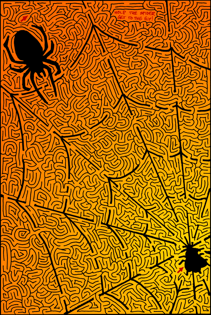 A Halloween-themed maze with a spider at the top and a fly at the bottom, featuring intricate web designs and an orange gradient background. The text at the top reads, 'HELP THE SPIDER GET TO THE FLY!'