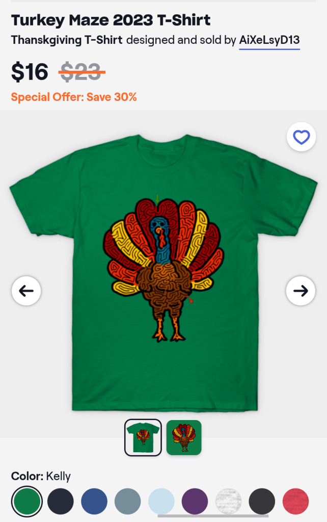 A green Thanksgiving T-shirt featuring a colorful turkey maze design, available for sale.