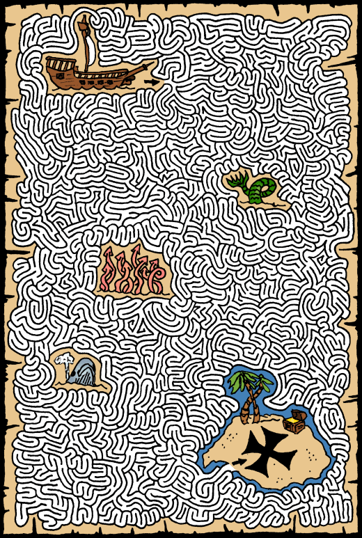 A hand-drawn treasure map maze featuring a pirate ship, sea creature, palm tree, and treasure chest, set against a background of winding paths. (Hand-drawn by AiXeLsyD13)