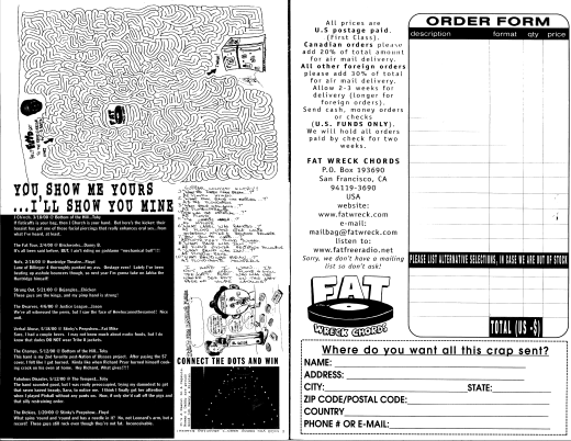 A vintage punk rock compilation catalog featuring a maze and an order form for Fat Wreck Chords merchandise, with playful illustrations and text related to punk culture.