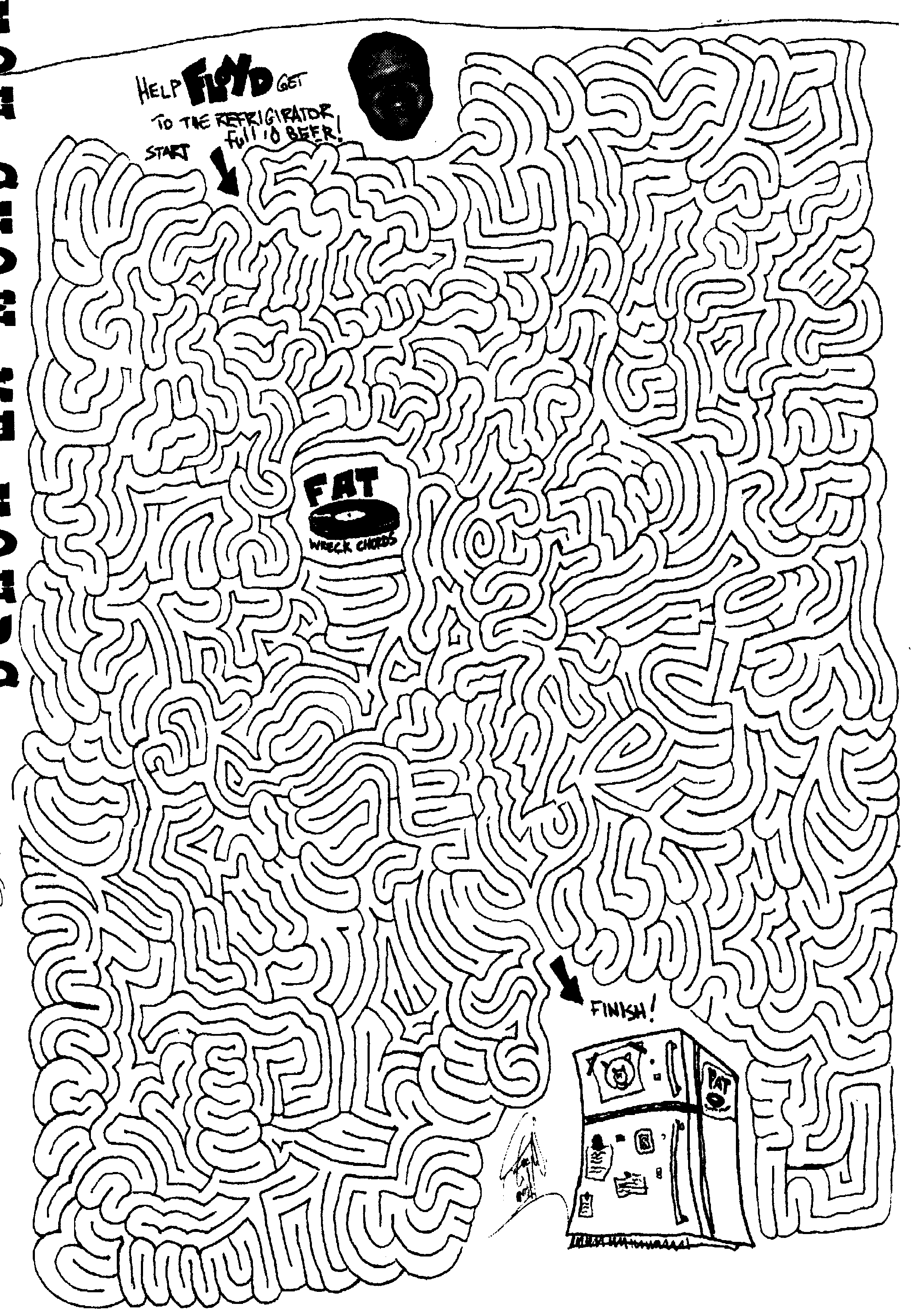 A hand-drawn maze with the text 'Help FLOYD get to the refrigerator for a beer!' at the top and 'FAT WRECK CHORDS' in the center, with an illustration of a refrigerator at the bottom marked 'FINISH!'
