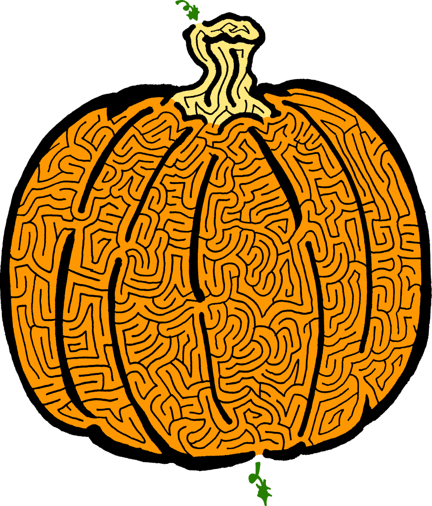 Illustration of a pumpkin designed as a maze with intricate lines and an orange color scheme.