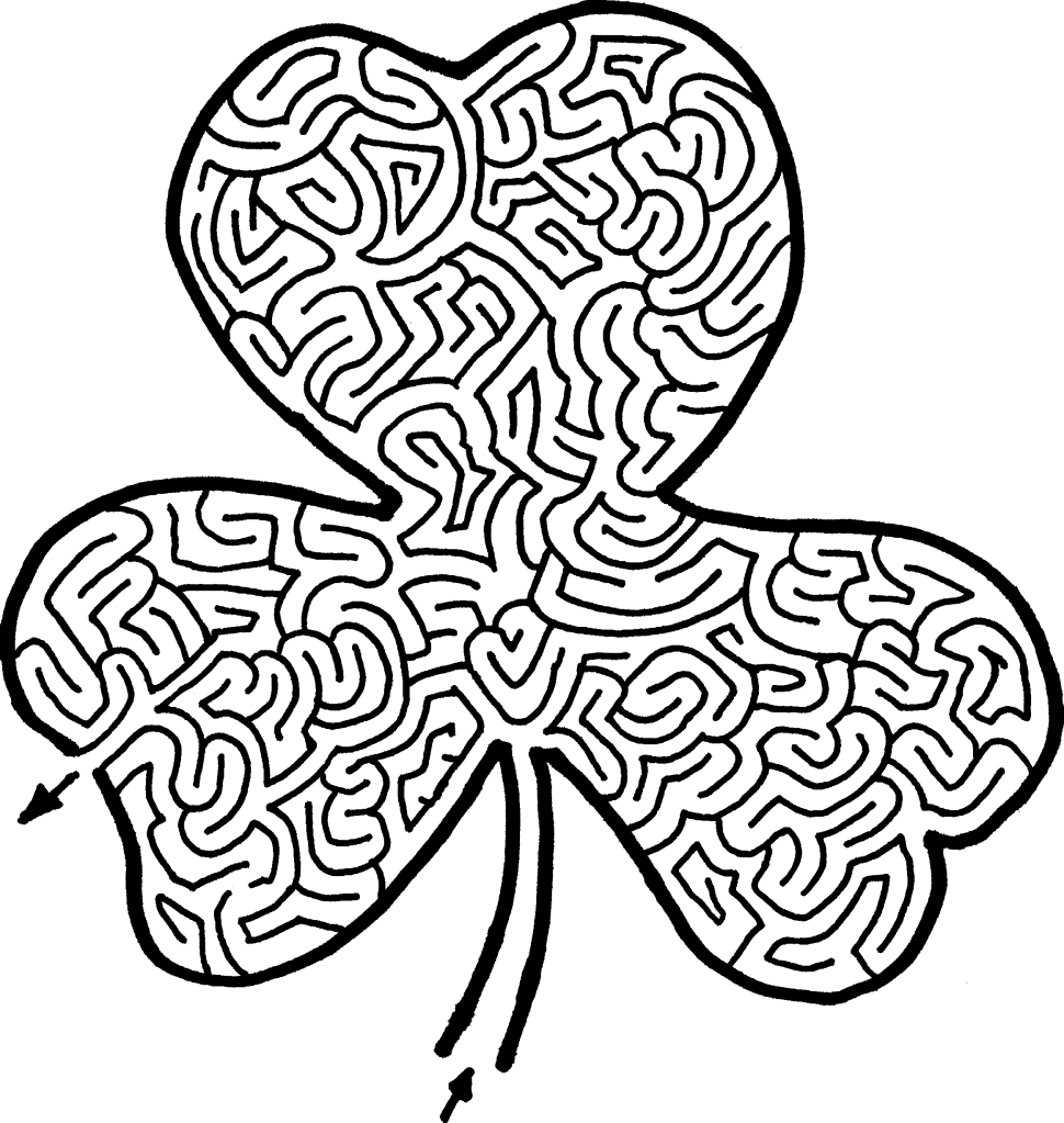A black and white illustration of a shamrock shape filled with an intricate maze design.