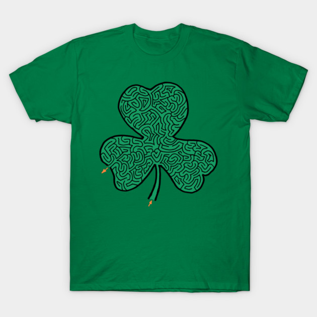 Green t-shirt featuring a black outline of a shamrock filled with a maze design.
