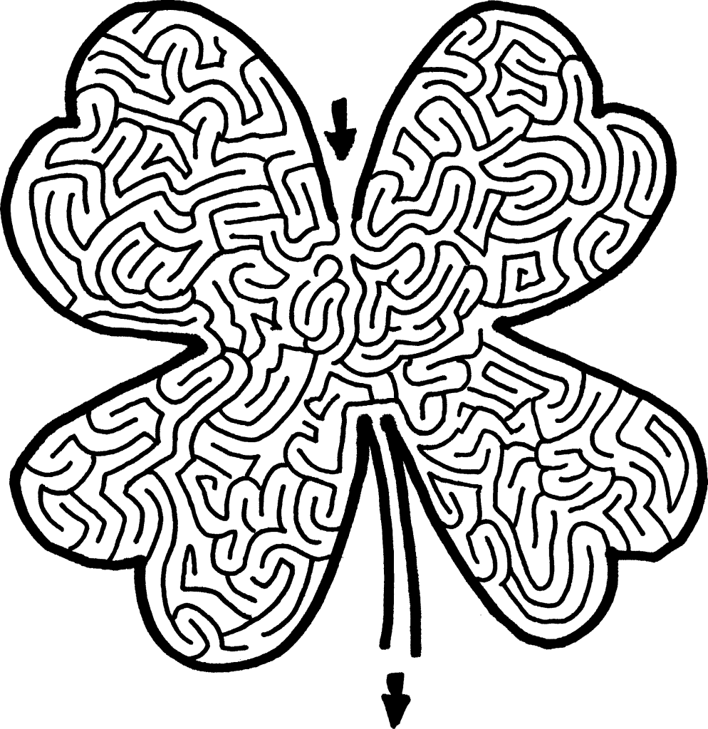 A black and white illustration of a four-leaf clover designed as a maze, with intricate pathways and arrows pointing downwards.
