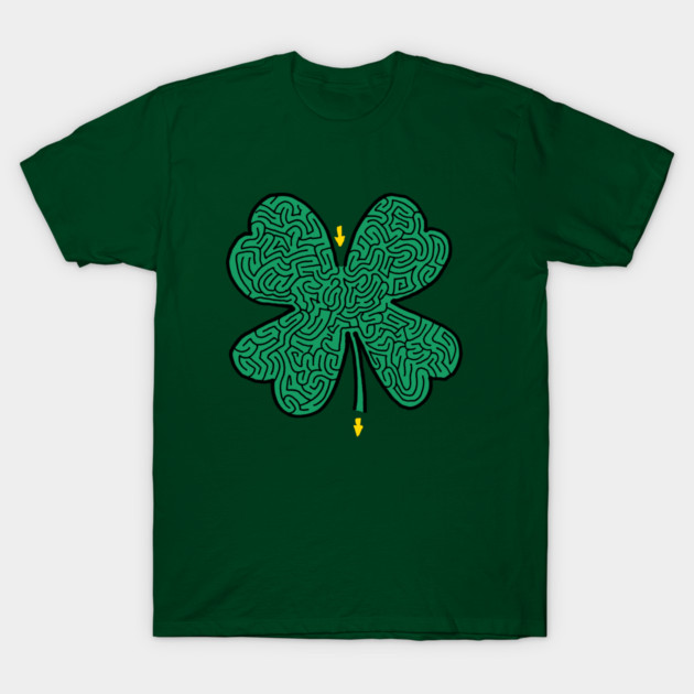 Green t-shirt featuring a stylized maze design in the shape of a shamrock.