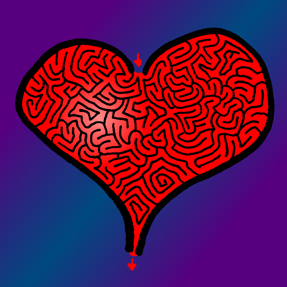 A heart-shaped maze design in vibrant red against a gradient purple background.