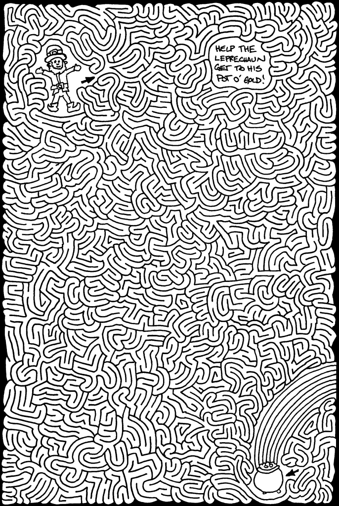 A maze illustration featuring a leprechaun on the left, with a speech bubble saying 'Help the Leprechaun get to his pot o' gold!' and a pot of gold at the bottom right, connected to a rainbow.