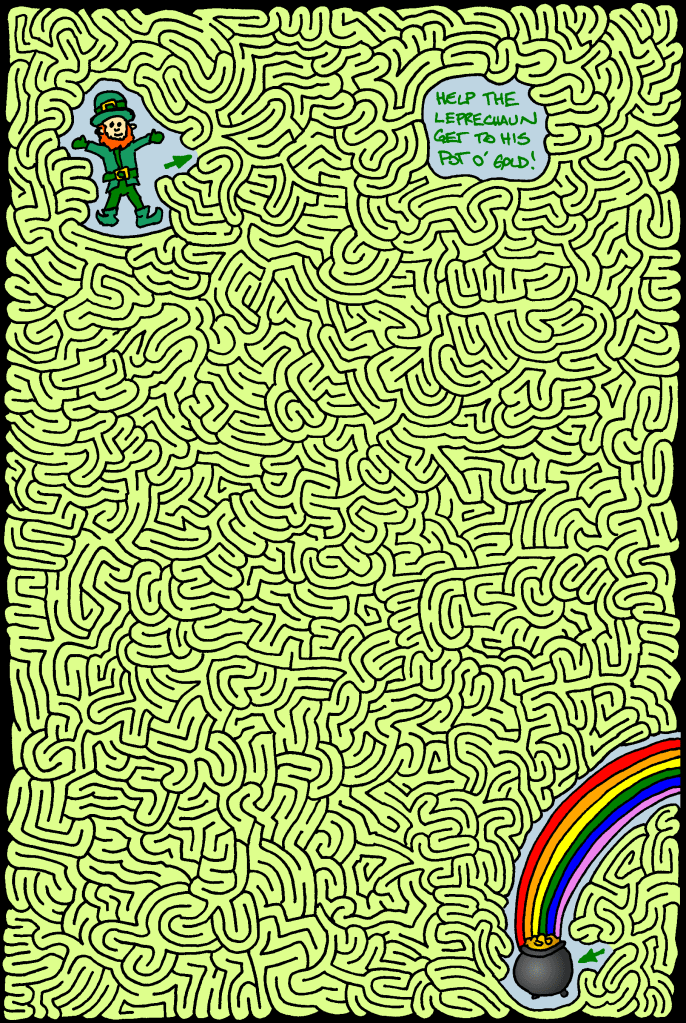 A colorful maze featuring a leprechaun on the left encouraging viewers to help him reach his pot of gold at the end of a rainbow, all set against a light green background.