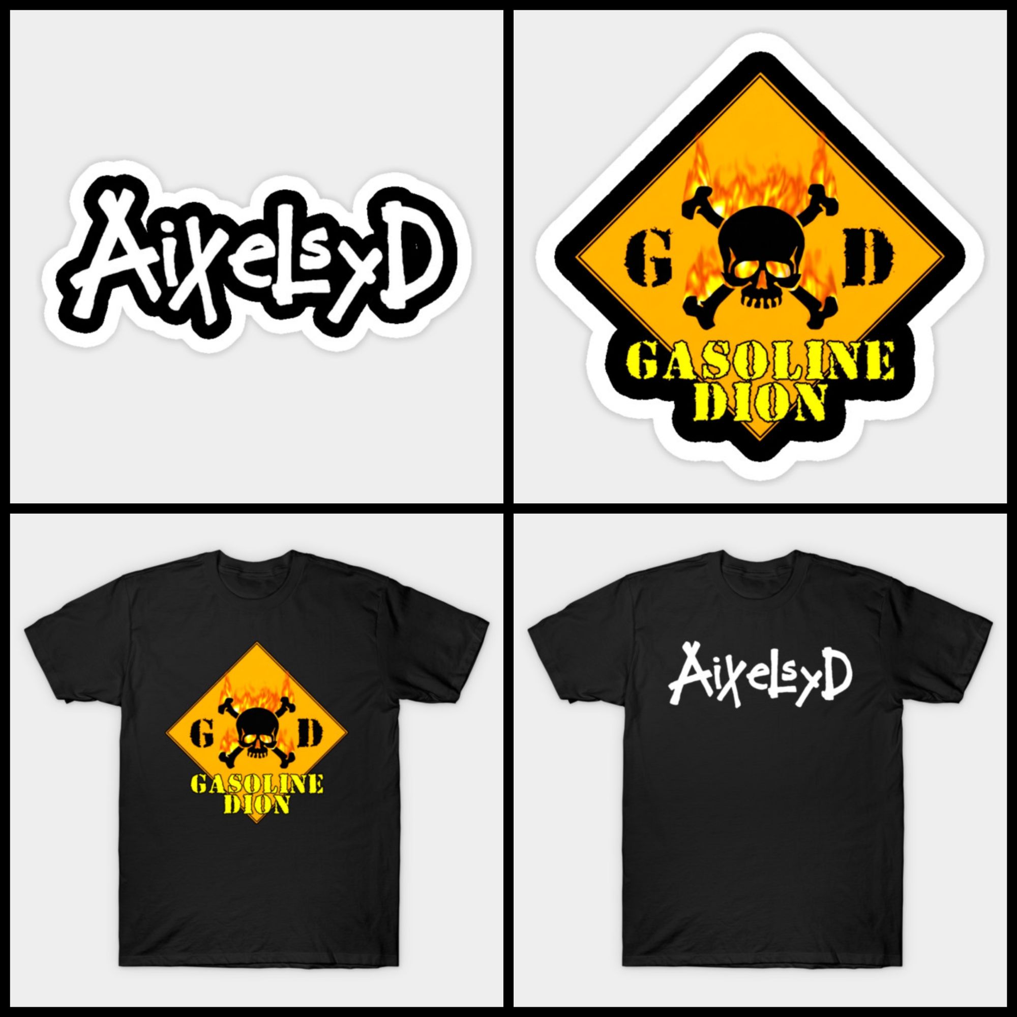 Two sticker designs and two black t-shirts featuring the same logos; one logo says AixelsyD in stylized text, the other shows a flaming skull and crossbones with text Gasoline Dion
