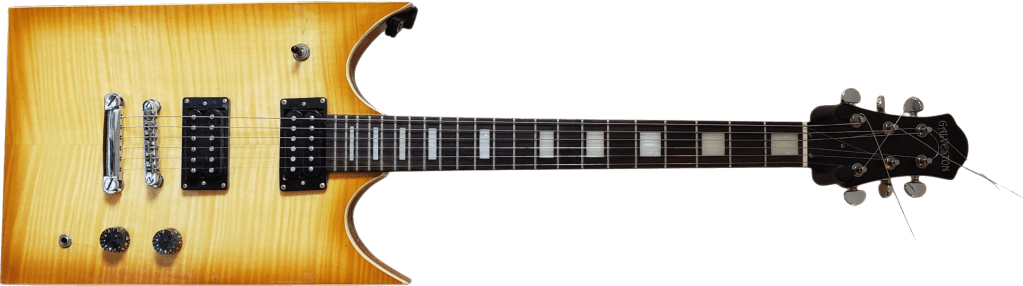 Galveston B.B. Stone (Horizontal View): A horizontal studio product shot of the honey-burst, flamed-top electric guitar, featuring its distinctive angular dual-cutaway body layout, dual black humbucker pickups, Tune-o-matic style bridge with stopbar tailpiece, bound fretboard with large white block inlays, and the black headstock with the Galveston logo set against a clean black background.