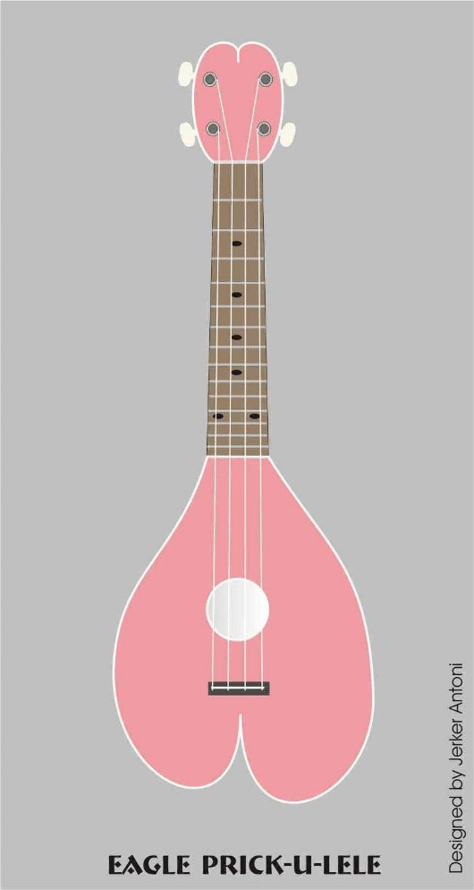 Graphic illustration of a light pink, heart-shaped ukulele centered against a solid grey background. The instrument features a brown fretboard, four tuning pegs, and a round soundhole. The text at the bottom reads "EAGLE PRICK-U-LELE" and "Designed by Jerker Antoni" runs vertically along the right edge.