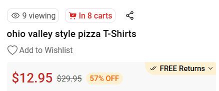 Screenshot of a Printerval listing displaying absurd pressure tactics like 'In 8 carts' for a niche pizza t-shirt that has barely ever sold in real life.