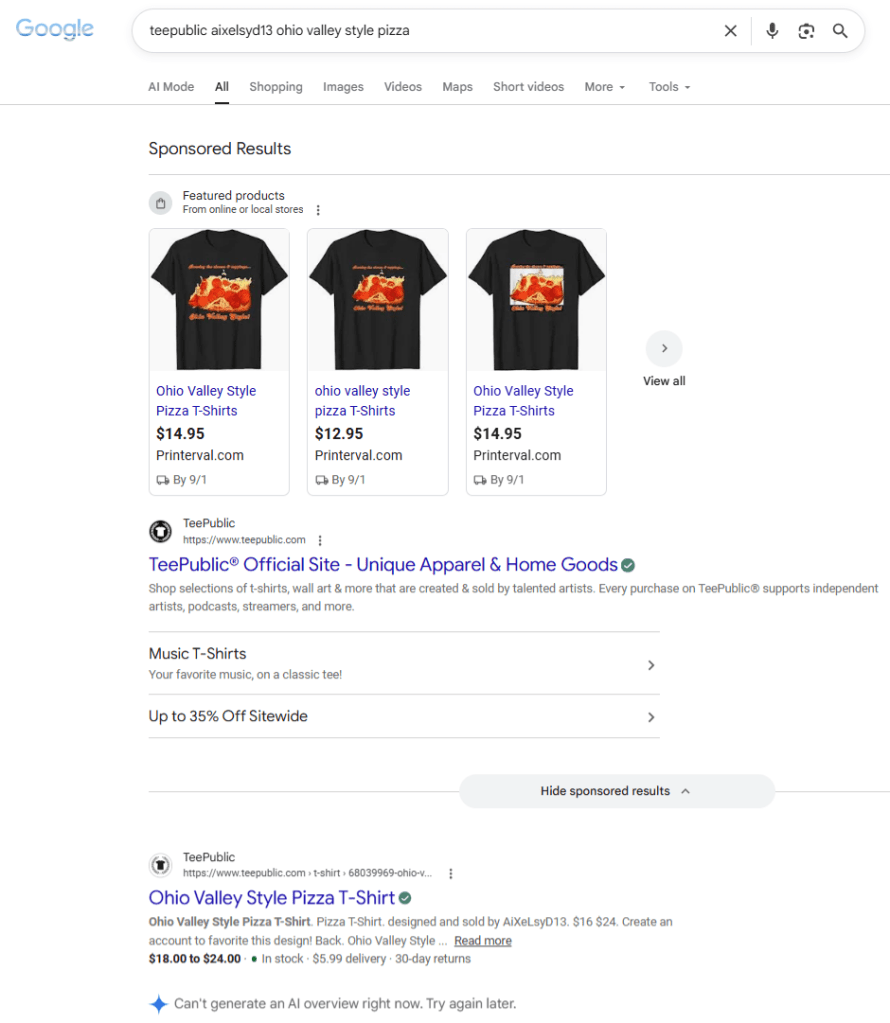Google search results showing sponsored listings from Printerval selling stolen copies of the Ohio Valley-Style Pizza t-shirt design above the legitimate TeePublic result.