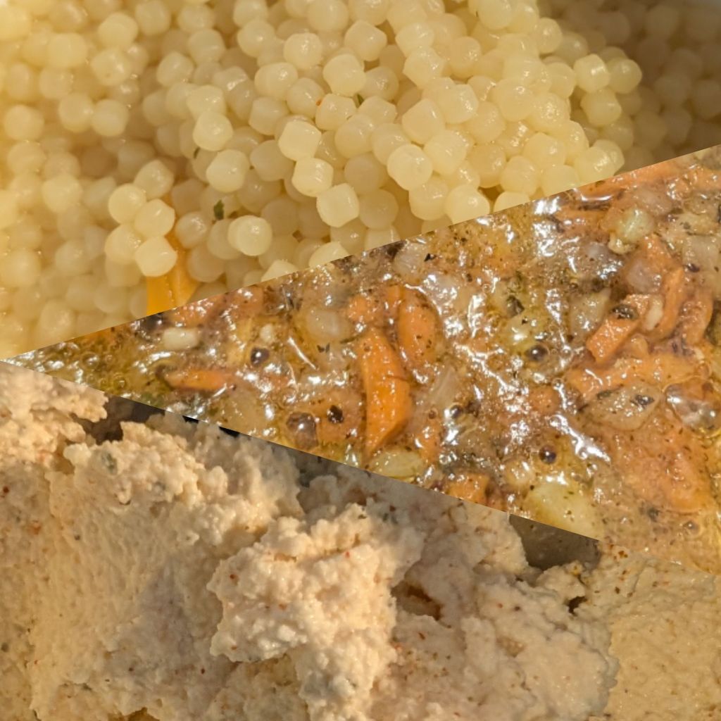 Three-panel collage showing ingredients for wedding soup meatball subs: cooked acini di pepe pasta, a seasoned mirepoix of carrots, celery, and onion in broth, and herbed ricotta cheese.