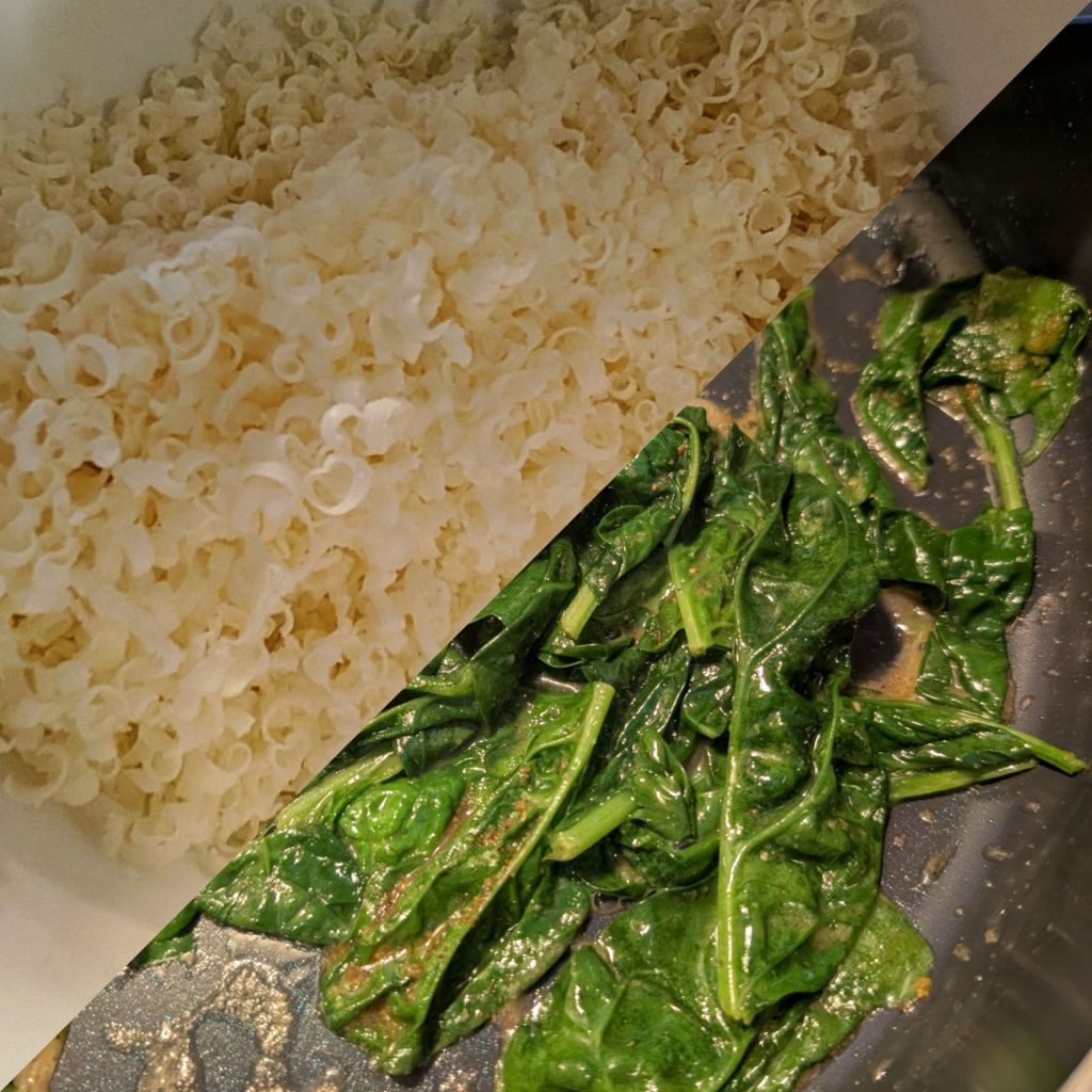 Two-panel collage showing finely grated fontina cheese, curled from a very fine grater, on top of spinach wilted in butter in a pan for the wedding soup meatball sub.