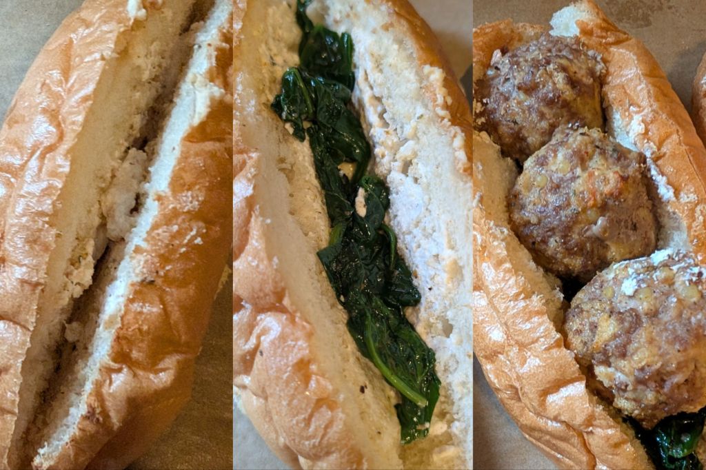 Three-panel collage showing the assembly of a wedding soup meatball sub: a hard roll spread with herbed ricotta, the same roll layered with wilted spinach, and the finished roll topped with baked meatballs before cheese and a final bake.