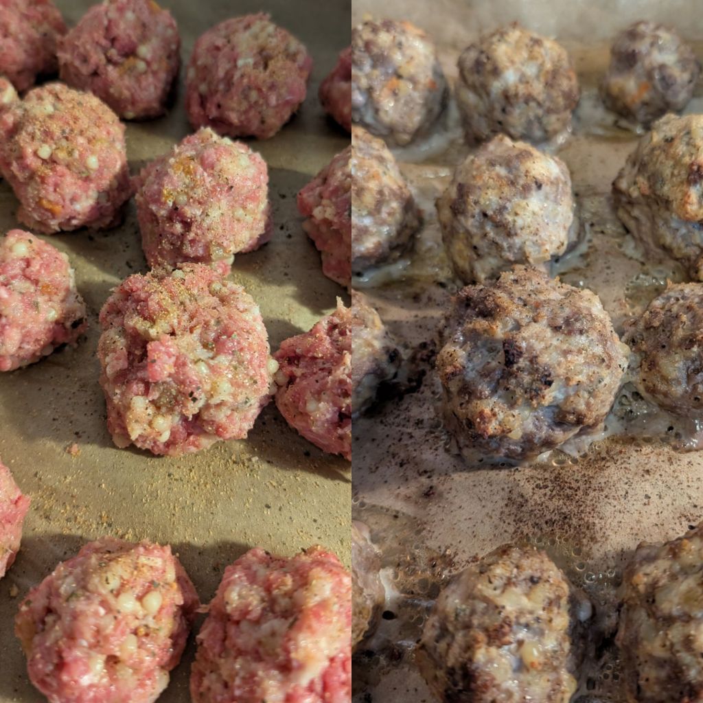 Two-panel collage showing wedding soup meatballs before and after baking — raw, seasoned meatballs studded with acini di pepe and mirepoix on the left, and the same meatballs browned and cooked through on a baking sheet on the right.
