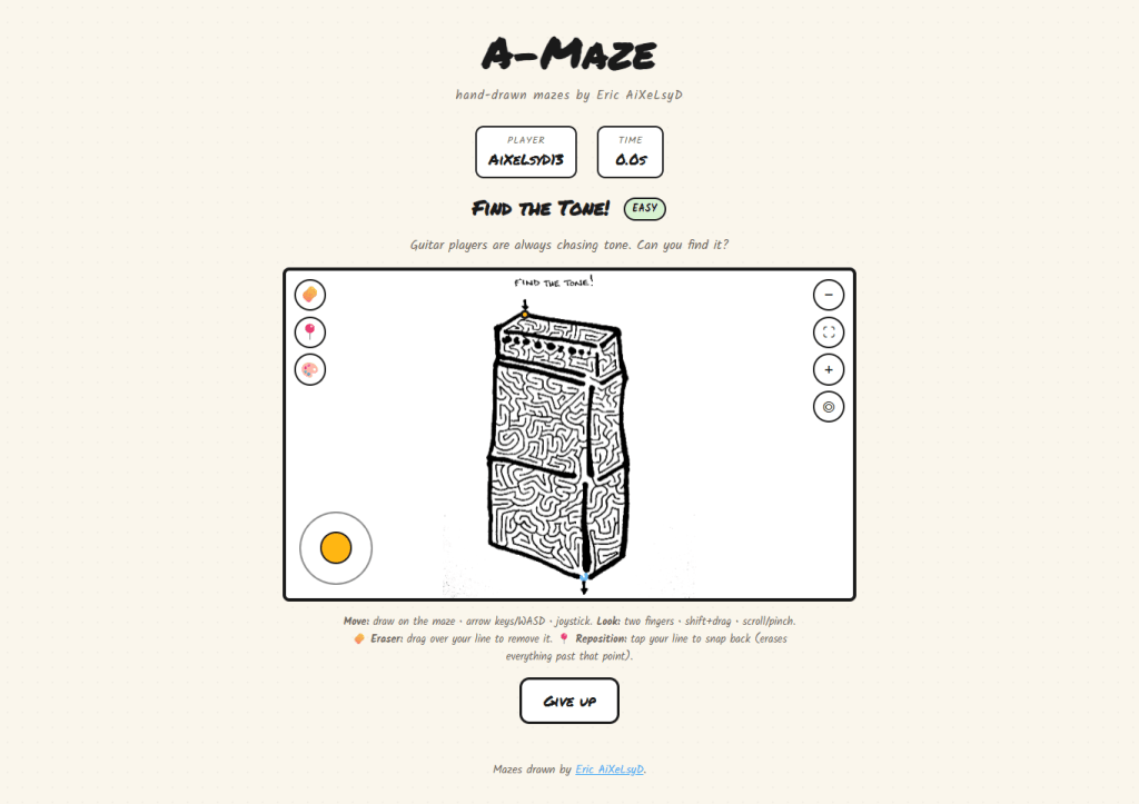 Screenshot of the A-Maze browser game showing the "Find the Tone!" guitar-amplifier maze with an easy difficulty setting. A pink path is drawn from the starting arrow at the top into the maze, with control buttons on the left (eraser, reset) and right side of the screen.