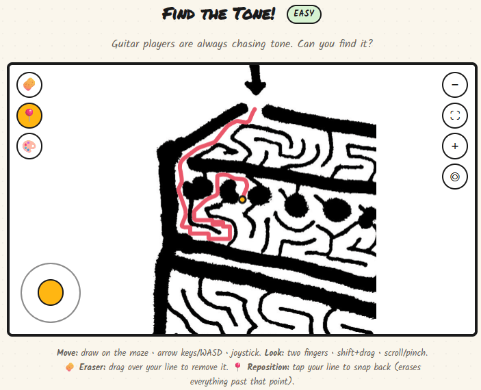 Zoomed/cropped  view of the A-Maze web game titled "Find the Tone!" displaying a completed guitar-amp maze. The top header displays player stats including a score name and time of 0.05 seconds, alongside a "Give Up" button at the bottom.
