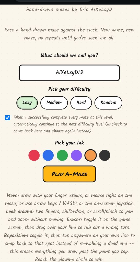 Setup menu for A-Maze featuring player name input, difficulty level buttons (Easy, Medium, Hard, Random), automatic progression toggle, ink color selection buttons (red, blue, green, purple, orange, black), and detailed instructions for touch, mouse, and keyboard controls.