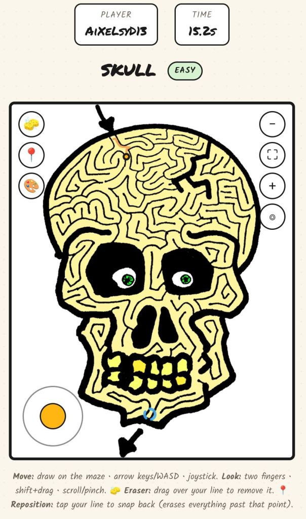 Active gameplay screen of the "Skull" maze on easy difficulty. A yellow-inked path is traced from the top arrow past the cranium's pathways, with player name and elapsed time (15.25 seconds) displayed at the top.